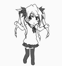 An anime gorl dancing. She has ribbons on in her hair, on both sides of the head. Long socks, shirt that shows some thigh, a tee-shirt but the arm sleeves are short. Her facial expression suggests... well, I don't know. I like the image though. An anime gorl dancing. She has ribbons on in her hair, on both sides of the head. Long socks, shirt that shows some thigh, a tee-shirt but the arm sleeves are short. Her facial expression suggests... well, I don't know. I like the image though.